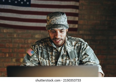 Patriotic Young Soldier Video Calling His Family From The Military Base. Courageous American Serviceman Communicating With His Loved Ones While Serving His Country In The Army.