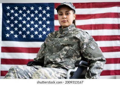 Patriotic Young Veteran Soldier In Wheel Chair