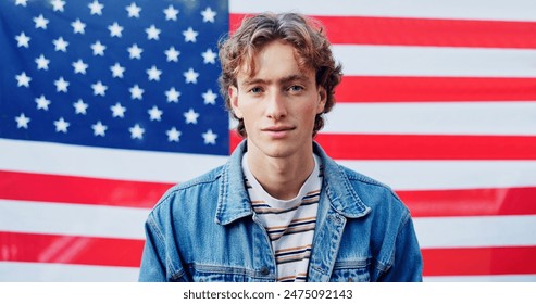 Patriotism, portrait and serious with man on american flag for democracy, freedom or home of brave. Culture, history or tradition and confident person on stars and stripes for celebration in USA - Powered by Shutterstock