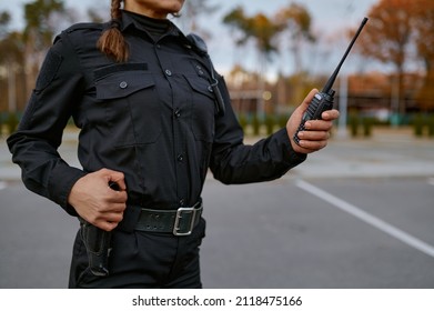 Patrol Service Police Woman Talking Into Walkie-talkie