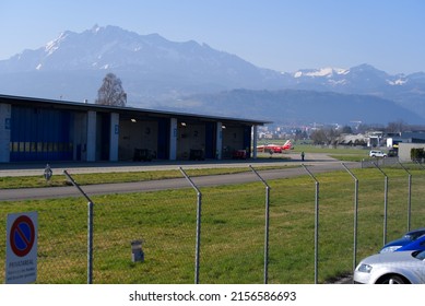 Patrouille Suisse Northrop F-5 Tiger fighter jet of Swiss Air Force parked outside of hangar at Air Base Emmen. Photo taken March 23rd, 2022, Emmen, Switzerland.