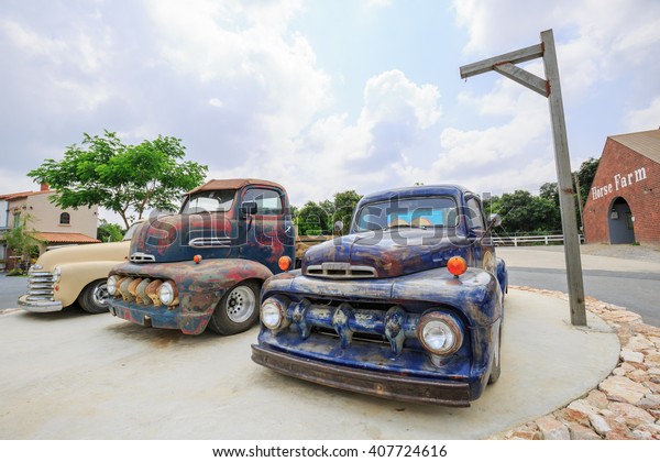PATTAYA CHONBURI - APRIL,19 : The Chevrolet retro\
truck vintage Collection of Classic Cars Museum parked in Swiss\
sheep farm Where have many tourists visiting here every\
holiday.THAILAND APRIL,19\
2016