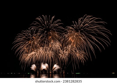 PATTAYA, CHONBURI, THAILAND, Real Fireworks at Pattaya bay, Pattaya national Fireworks Festival contest, November of every Year, Beautiful of bright light fireworks Show in middle sea, for postcard,