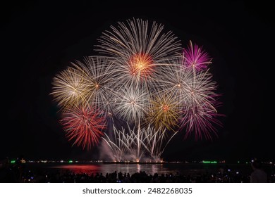 PATTAYA, CHONBURI, THAILAND, Real Fireworks at Pattaya bay, Pattaya national Fireworks Festival contest, November of every Year, Beautiful of bright light fireworks Show in middle sea, for postcard 