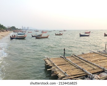 pattaya fishingboat, bamboo raft dock, fishing spot