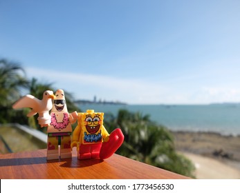 Pattaya, Thailand - 9 July 2020: Lego Spongebob and Patrick Star mini figure on vacation