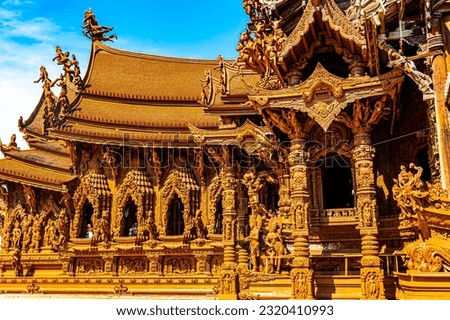Pattaya, Thailand - December 29, 2018: Sanctuary of Truth, a magnificent wooden castle by the sea beautiful with sculptures and carvings that reflect the worldview of wisdom
