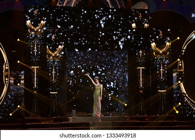 Pattaya, Thailand - March 08, 2019 ; Contestant present Fashion Show Evening Gown for "Miss International Queen Final Round", LGBT Transgender Miss Beauty Contest at Tiffany Theatre