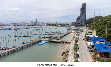 Pattaya, Thailand - September 2021; Beautiful Aerial view of the Bali Hai Pier. Famous place for the main pier to travel to Koh Larn from Pattaya city, Thailand and relax in holiday.