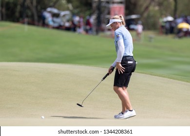 PATTAYA, THAILAND-FEBRUARY 23: Brooke M. Henderson of Canada thinks of her next move during R3 of Honda LPGA Thailand 2019 on February 23, 2019 at Siam Country Club Old Course in Pattaya, Thailand