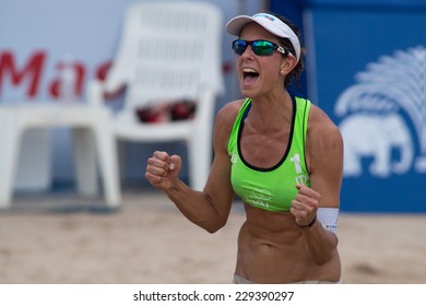 PATTAYA, THAILAND-NOVEMBER 6: Jessica Jenifer Luca of Italy reacts after winning a point during Day 1 of Pattaya Thailand Challenger on November 6, 2014 at Pattaya Beach in Pattaya, Thailand