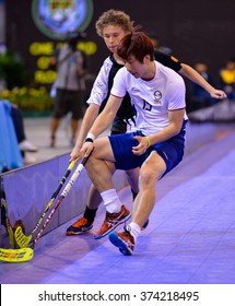 PATTAYA,THAILAND FEB5:Soon Seung woo of Korea fights for the ball during the Men's World Floorball Championships Qualifications 2016 between Korea vs New Zealand on  February5,2016 in Thailand 
