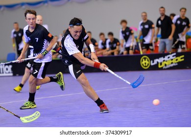 PATTAYA,THAILAND FEB5:taiapa skinon lewis of New Zealand hit the ball during the Men's World Floorball Championships Qualifications 2016 between Korea vs New Zealand on February5,2016 in Thailand