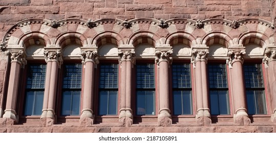 Pattern Of Arched Windows Of Ancient Romanesque Revival Architecture