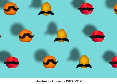 pattern background with lemon apple and orange with mustache, creative food art design