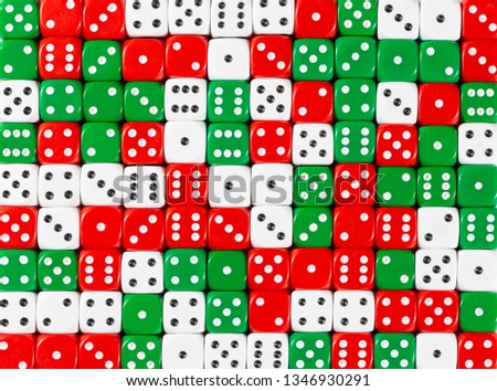 Pattern background of random ordered white, red and green dices