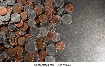 Pattern And Background Of US Dollar Coins, Different Small Coins, Dime, Penny, And Quarter Coins Piled Up