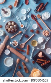 Pattern With Baking Tools And Ingredients On A Textured Concrete Background. Cooking Utensils Flat Lay In Nordic Style. Modern Kitchen Concept