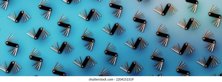 Pattern Of Bicycle Repair Tools On Blue Background.