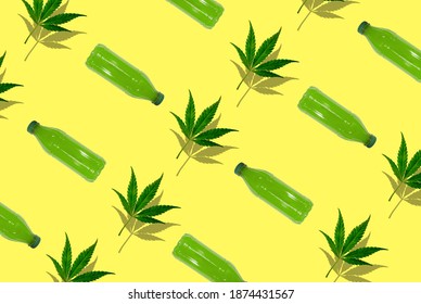 Pattern Of Cbd Drink And Canabis Leaf On A Yellow Background.
