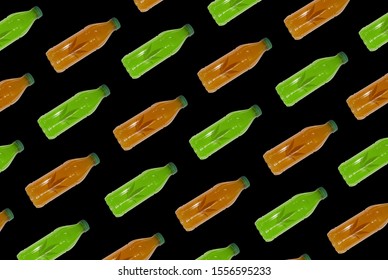 Pattern Of Cbd Drink On A Black Background. Orange And Angry Canabis Leaf Bottles