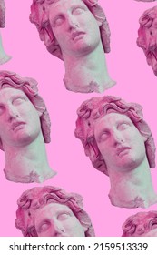Pattern of collage art of classic statue. Vaporwave style background. Sculpture with neon pink colors. - Shutterstock ID 2159513339