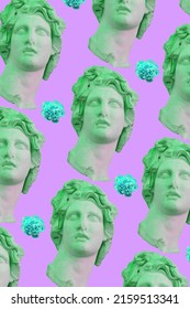 Pattern of collage art of neon green classic statues and flowers. Vaporwave style background. Sculpture on purple background colors. - Shutterstock ID 2159513341