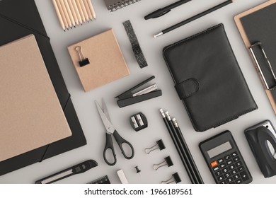 Pattern composition of office and school stationery on grey background. Back to school