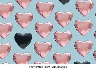 Pattern Created Of Many Pink Heart And Two Black Heart Shaped Balloons.  Blue Background. Diversity And Black Lives Matters Abstract Concept.