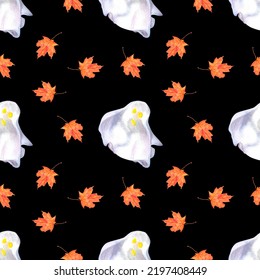 pattern cute little ghost   autumn maple leaf  Hand drawn watercolor halloween symbol  Isolated black  Magic autumn illustration  Perfect for card design  invitation  scrapbooking  fabric