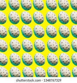 Pattern of Easter eggs with memphis style print on yellow bright background.  Happy spring holidays concept. Minimalism.