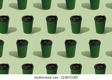 Pattern With Eco Paper Green Coffee Cup On Green Background, Mockup Image. Sustainable Food Packaging Concept