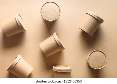 Pattern Of Eco-friendly Disposable Cardboard Soup Cups With Shadow On Brown Paper Background. Ecological Individual Package.