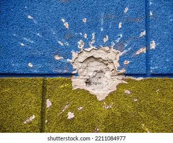 Pattern Explosion Damaged Blue Yellow House Wall War In Ukraine