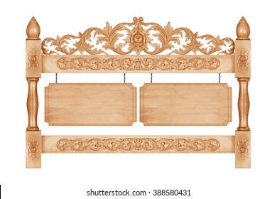 Pattern Of Flower Carved Frame With Wooden Sign Hanging On A Chain On White Background