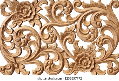 Pattern of flower carved on wood isolated on white background. - Shutterstock ID 1252857772