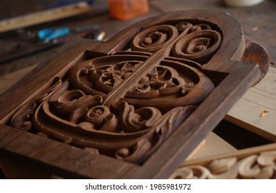 Pattern Of Flower Carved On Wood Background. Malay Wood Carving From Terengganu, Malaysia