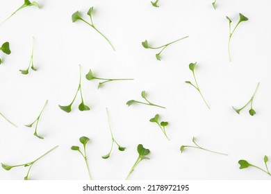 Pattern Of Fresh Broccoli Microgreens On A White Background