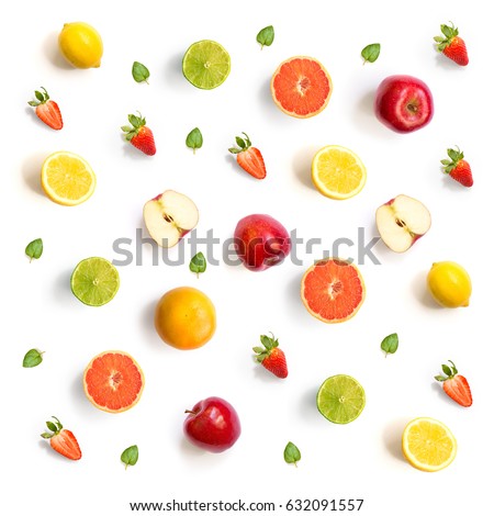 Pattern with grapefruit, strawberry, lime, lemon and apple. Tropical abstract background.  Grapefruit, strawberry, lime, lemon and apple on the white background.