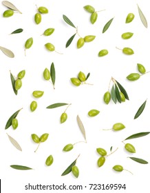 Pattern With Green Olive Fruits With Leaves Isolated On White Background. Top View.