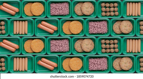 Pattern Of Green Trays With Vegetarian Meat Substitute Products, Plant Based Mock Meat