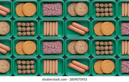 Pattern Of Green Trays With Vegetarian Meat Substitute Products, Plant Based Mock Meat