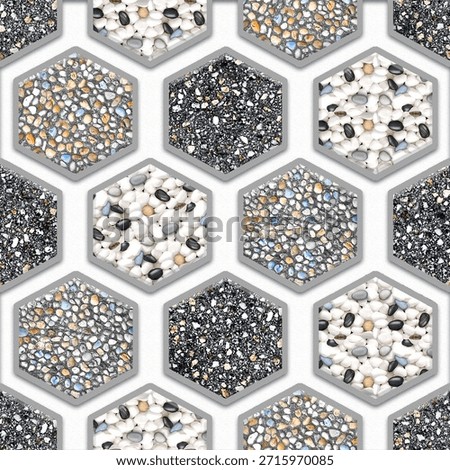 Pattern of hexagonal tiles filled with assorted pebbles, forming a stone mosaic on a textured surface.