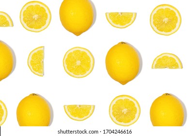 Pattern with lemon fruits. Tropical abstract geometric balance background. Lemon with gray shadow on white background. Concept of Color of the Year 2021 with bright illuminating yellow and gray colour