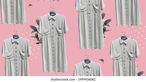 Pattern Of Loose Linen Shirt Dress With Pockets Short Sleeve On Hanger. Composition Of Clothes. Collage Sale Clothes Banner. Fashion Concept. Linen Long Elegant Dress. Collage Sale Clothes Banner. 