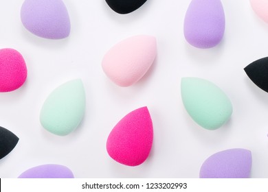 Pattern Made Of Colorful Beauty Blenders. Flat Lay 