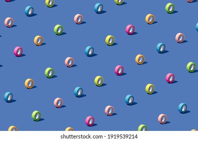 Pattern Made Of Colorful Duct Tape Arranged On Blue Background. Minimal Concept. Creative Wallpaper.