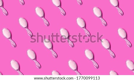 pattern of many copy pasted pink brushes with sequins on pink background. top side view. minimal flat pop up style. . Banner, desktop, print, wallpaper.