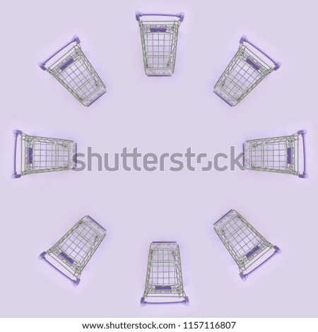 Pattern of many small shopping carts on a violet background. Minimalism flat lay top view