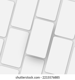 Pattern Of Many Smartphones With Blank White Screens Lying Over Gray Background. Gadgets, Technology And Mobile Communication Advertisement Banner. Square Shot
